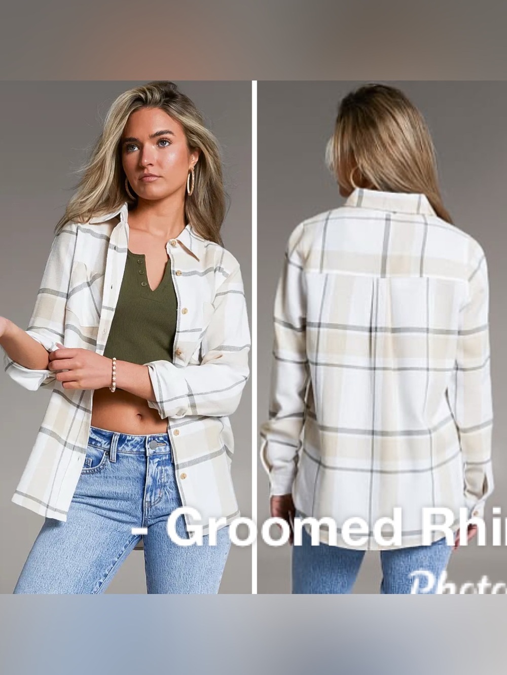 BKE Eased Cream/Tan Plaid Oversized Flannel Shirt Size L